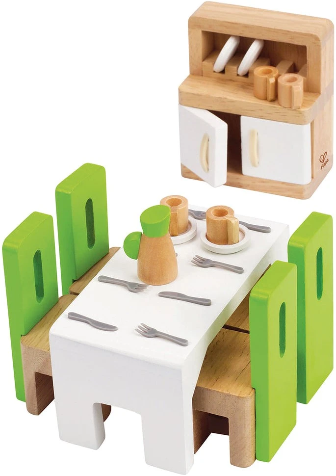Hape E3454 Esszimmer, Grüne Stühle/weißer Tisch/schrank Mit Weißen Türen 3 Hape E3454 Esszimmer, Grüne Stühle/weißer Tisch/schrank Mit Weißen Türen