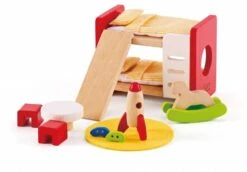Hape Holz Kinderzimmer Möbel | Detailgetreues Kinderzimmer Puppenhaus Möbelset Inklusive Stockbett, Tisch, Stühle Und Rakete