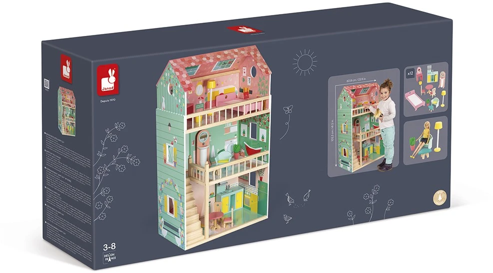Janod - Happy Day Holz-Puppenhaus, 3 Etagen Und Mit 12 Zubehörteilen, Spielzeugnachbildung, Entwickelt Die Fantasie, Ab 3 Jahren, J06580 4 Janod - Happy Day Holz-Puppenhaus, 3 Etagen Und Mit 12 Zubehörteilen, Spielzeugnachbildung, Entwickelt Die Fantasie, Ab 3 Jahren, J06580 – Bild 2