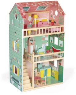 Janod - Happy Day Holz-Puppenhaus, 3 Etagen Und Mit 12 Zubehörteilen, Spielzeugnachbildung, Entwickelt Die Fantasie, Ab 3 Jahren, J06580